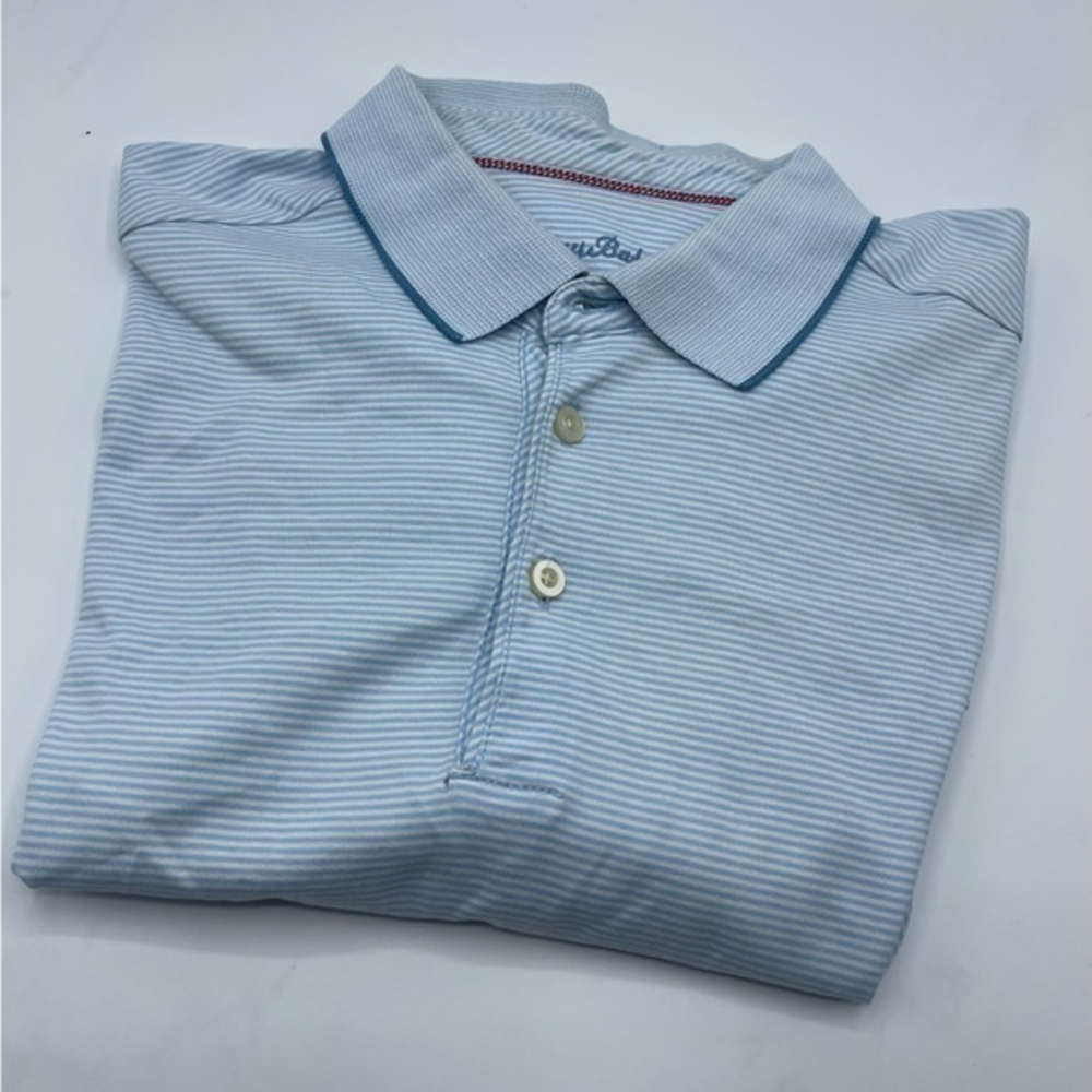 Tommy‎ Bahama Blue and White Striped Cotton Polo Shirt